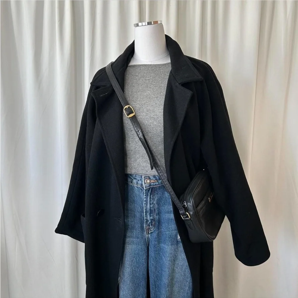 Vintage 80s Central Park double-breasted Wool black full-length overcoat size 14 - Picture 6 of 8